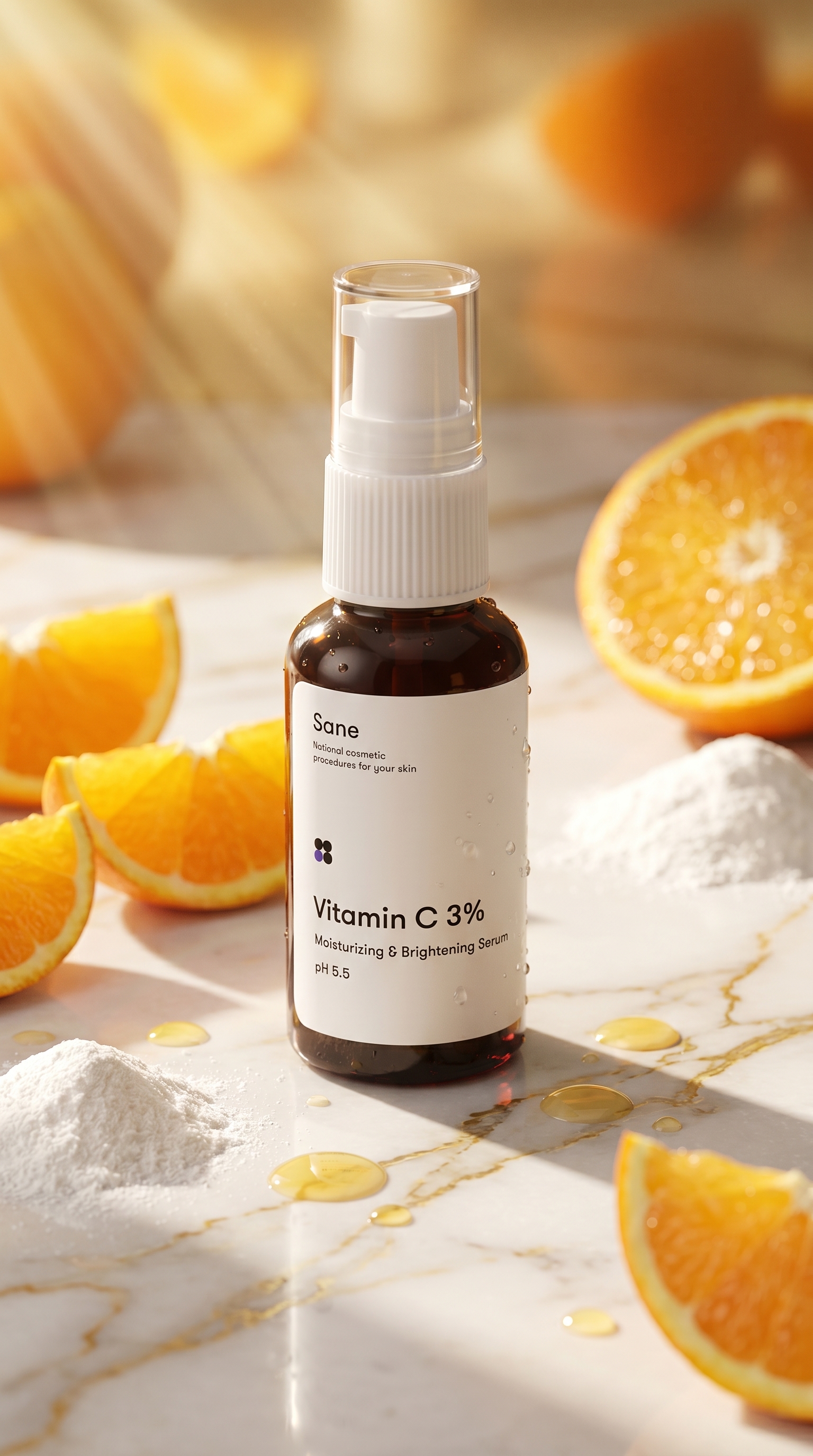 Sane Cosmetics - Vitamin C serum z pomarańczami na marmurze